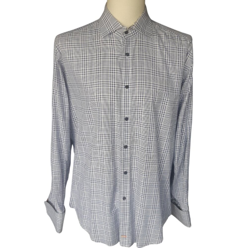 Thomas Dean SZ M French Cuff 100% Cotton Navy/White Plaid Men's Button Up Shirt